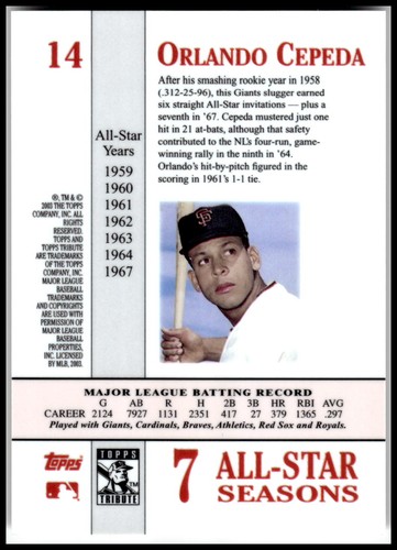 2003 Topps Tribute Perennial All-Star Edition #14 Orlando Cepeda - Bild 2 von 2