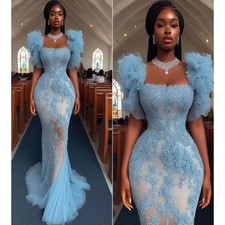 Blue Evening Dresses Ruffles Sleeves Mermaid Black Evening Gowns Lace Prom Gowns