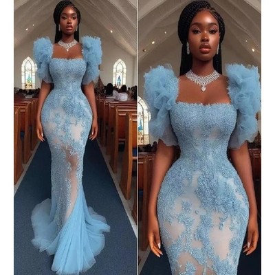 Blue Evening Dresses Ruffles Sleeves Mermaid Black Evening Gowns Lace Prom Gowns