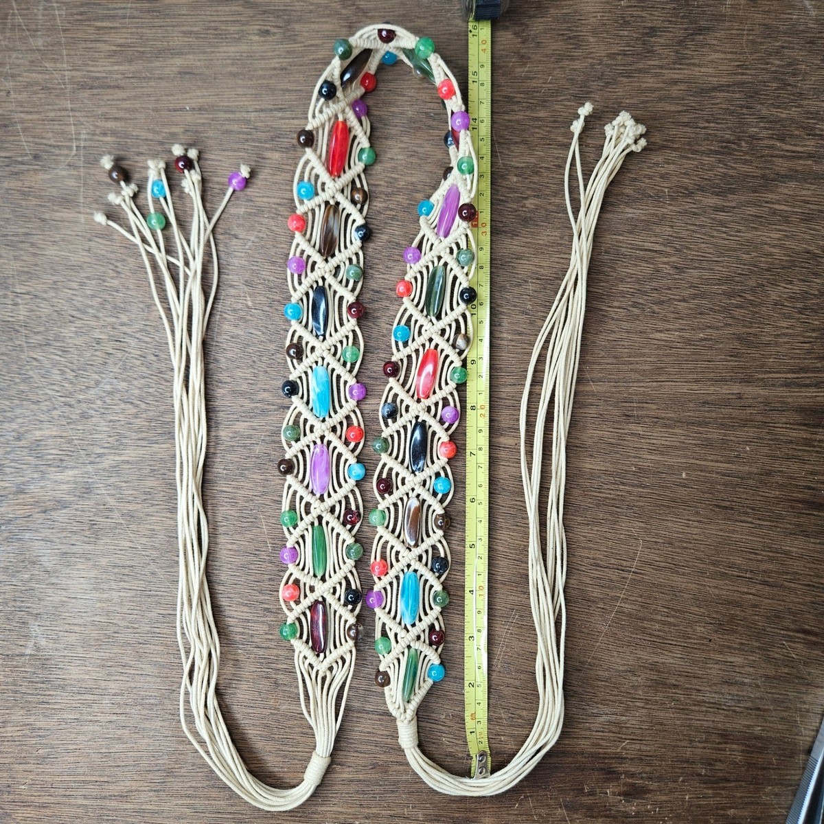 Vintage Boho Macrame Beaded Tie Belt Womens Tan Woven Boho Hippie Festival Indie s-l1200.jpg main image 4