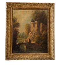Ancien Tableau Peinture HST Ecole Romantique au Château - Signé