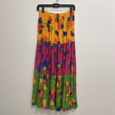 Vintage Floral Crinkly Broomstick Maxi Skirt Colorful Quirky One Size Festival