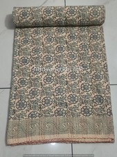 Indian Hand Block Print Kantha Quilt Blanket Cotton King Size Bedspread Throw