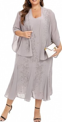 Catherines Plus 34W Midi Dress Sheer Cardigan Ruffled Beaded Beige Evening