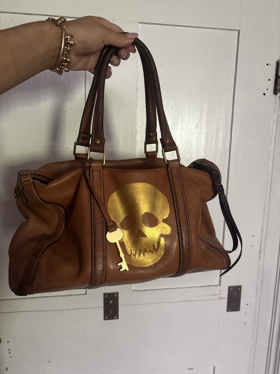 Fossil Medium Brown/Key Charm Adjustable Strap/ custom painted gold skull View 4