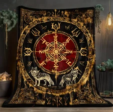 Viking Throw Blanket - Red & Black Norse Wolves & Rune Symbols Fleece Blanket