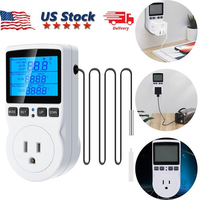 #ad Digital Thermostat Outlet Plug Temperature Controller Heating Cooling with Probe $14.99