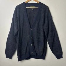 Vtg Tosani Wool Blend Cardigan Sweater Textured Knit Navy Grandpa Prep Classic L