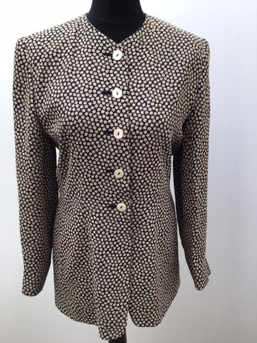 WINDSMOOR NAVY BLUE GOLD TAN LEAF GEO PRINT COLLARLESS BLAZER JACKET SIZE 10