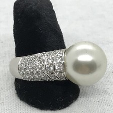 Vintage 925 Sterling Silver Faux Pearl and CZ's in Pave Design Ring sz 9