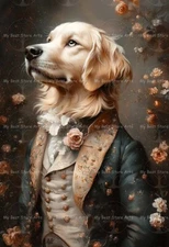 GOLDEN RETRIEVER IN VICTORIAN SUIT ART PRINT, Dog Poster, Puppy Home Decor E170