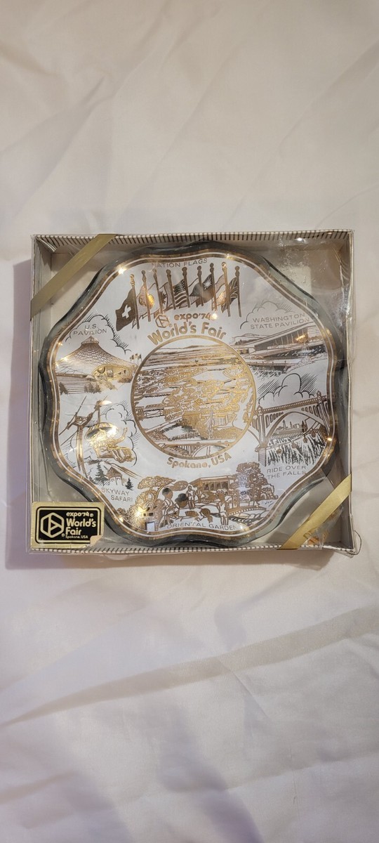 World's Fair Expo 74 Spokane USA Glass Dish Ruffled Edge Gold