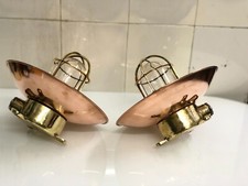 Brass Bulkhead Lamps &ndash; Maritime Ceiling/Wall Fixtures with Copper Shade Lot of 2