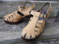 70s Vintage Tan Leather PLATFORM Cutout SANDALS 4" Wood Heels Women's Size 8 B