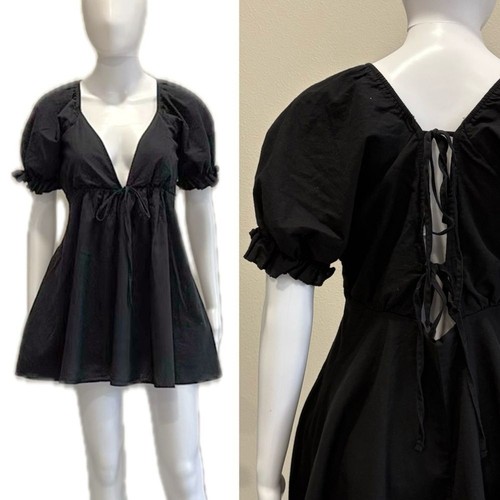 Prinzessin Polly Babydoll Puffärmel Swing Kleid Größe 8 schwarz tiefer Ausschnitt Mini