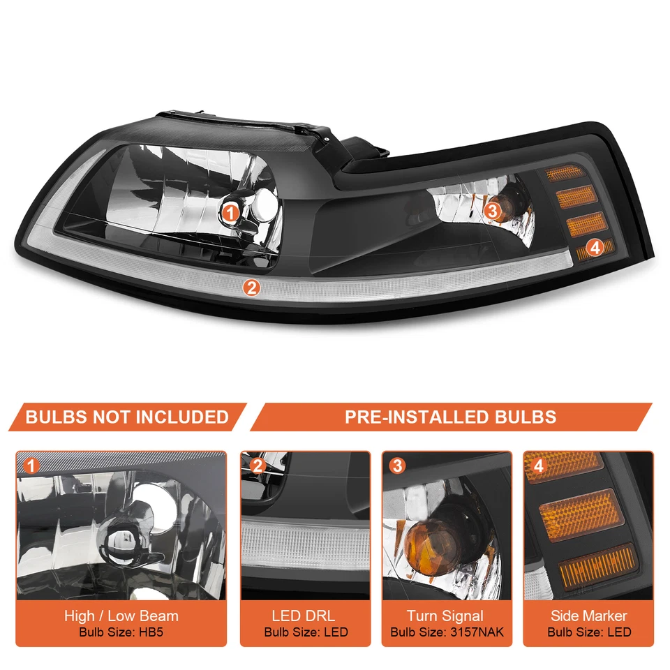 [LED Bar] Black Housing Headlights For 1999-2004 Ford Mustang 00 01 02 03 LH RH - Image 3 of 4