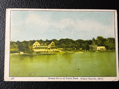GRAND RIVER AT NORTH PARK GRAND RAPIS MICH ANTIQUE 1908 POSTCARD MICHIGAN