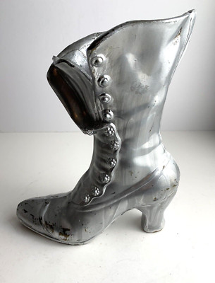 VTG Silver Metal Victorian Laced Boot Vase Planter Doorstop  10 inches