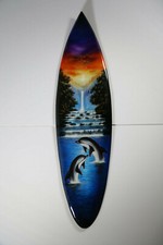 Planche de surf peinte à la main déco dauphins rivière sunset original art