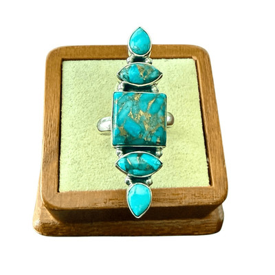 Unique Blue Copper Turquoise Multi Stone Ring Southwestern Silver Adjustable