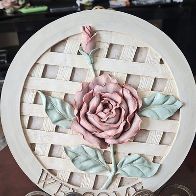 New Creative Antique Rose Welcome Round Resin Plaque Shabby Floral 12 in