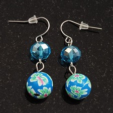 Blue Crystal Fimo Drop Earrings In Silver Metal - 4cm Length