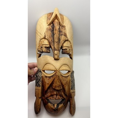 Hand Carved Tribal Wooden Mask Wall Hanging Ethnic Folk Art Bead Accents 14.5in