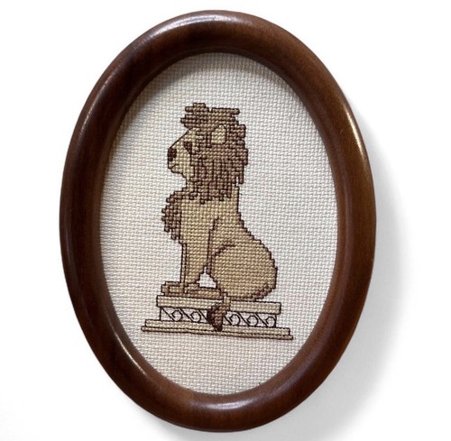 Vintage Small Mid Century Lion Cross Stitch Framed Wooden Frame White Gable
