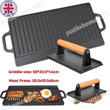 Cast Iron Griddle Pan for Gas Hob BBQ Griddle Double Sided w/ Meat Steak Press