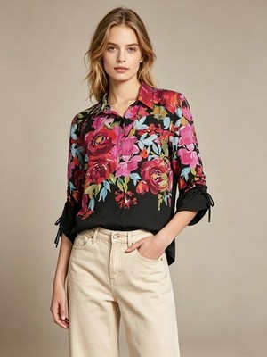 NWOT John Mark Floral Border 3/4 Cinch Tie Sleeve Top Blouse Shirt Size M