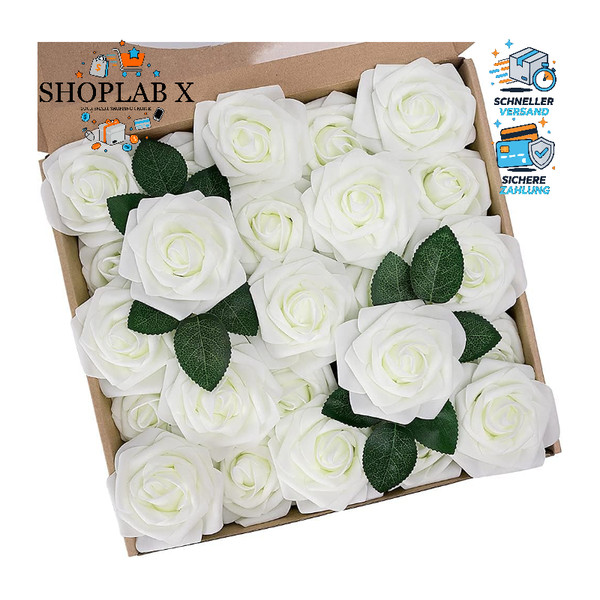 KüNstliche Blumen Rosen 25 StüCk Deko Schaumstoffrosen Elfenbeinweiß FüR-image