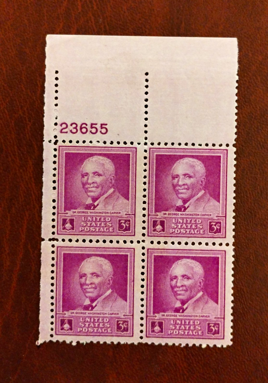 United States George Washington Carver 3¢ Purple Plate Block of 4 MNH Ungraded