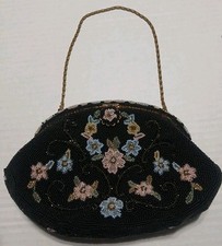 Vintage Micro Beaded Purse Black And Floral Flower Chunn Style Made In France