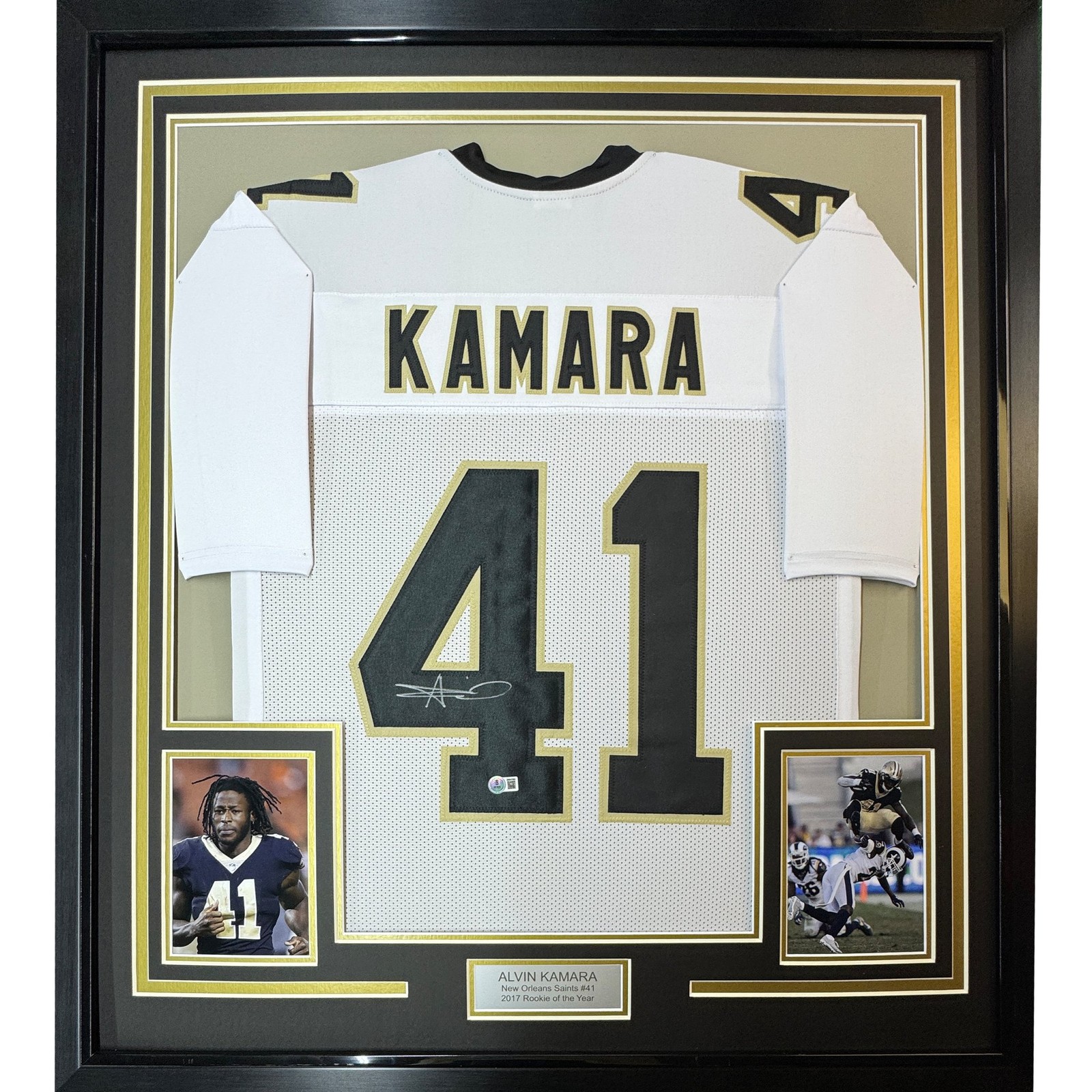 Framed Autographed/Signed Alvin Kamara 35x39 New Orleans White Jersey COA