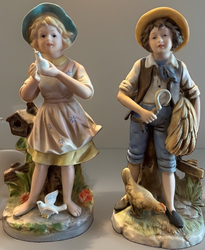 Porcelain Boy & Girl Figurines with Birds, Multicolor Painted, Set of 2