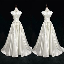 Vintage Satin Wedding Dresses Cap Sleeve Floral Lace Applique A Line Bridal Gown
