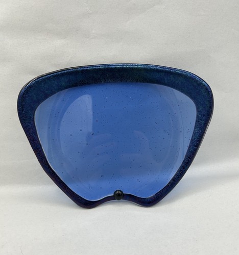 Vintage Claritas Glass Blue Iridescent Bubbles Abstract Fused Art Glass Dish 7"
