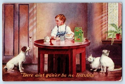 Boy Eating Egg O See Advertising Dog Cat Dere Ain't Goner Be No Leavins Postcard