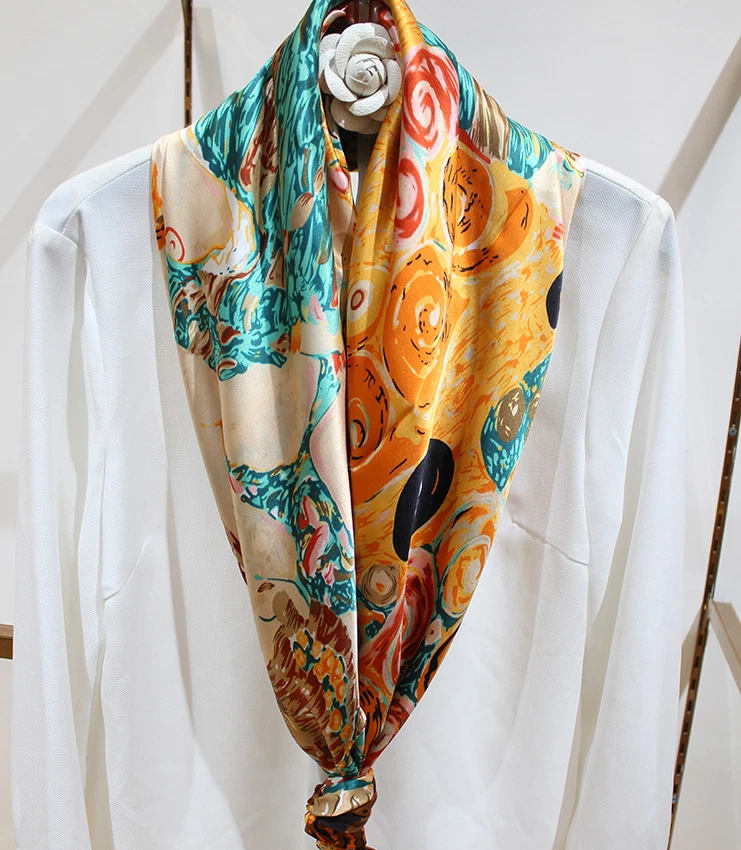 Cachecol 100% seda envoltório bandana 43"" quadrado feminino estampa de contas amarelas  - Imagem 3 de 4