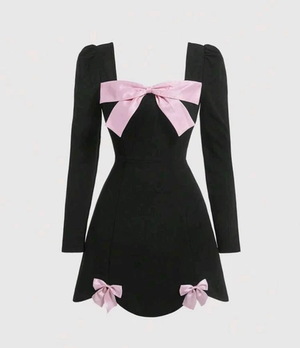 Abito Kawaii rosa fiocco davanti manica a sbuffo orlo curvo San Valentino nero