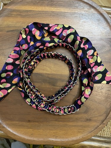 Printed Scarf Belt Interwoven in Silver Chain Links Silky Boho Bow Tie - Picture 3 of 3