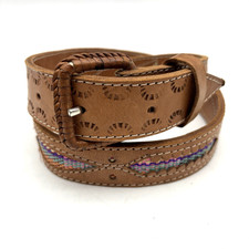 Vintage 90s Handmade Tan Leather Pastel Tapestry Inlay Southwestern Belt 25-31"