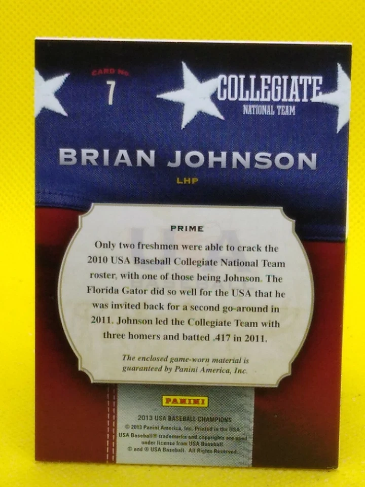 Brian Johnson 2013 USA Baseball Champions Game Gear 3-COLOR PATCH #7 ***31/99*** - Image 2 of 2