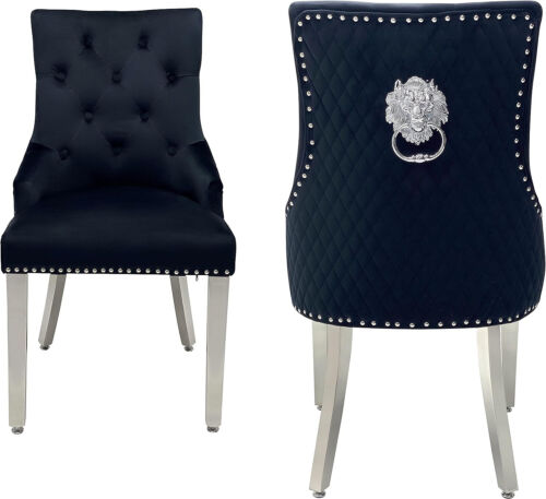 2 x Black Majestic velvet Lion Knocker Quilted back Tufted Front  Dining Chair - Picture 1 of 7