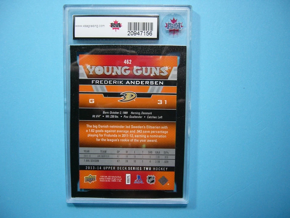2013/14 UPPER DECK YOUNG GUNS CARD #156 FREDERIK ANDERSEN ROOKIE RC KSA 10 GEM - Image 2 of 2
