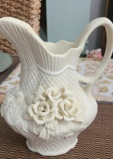 Vintage Ivory Bisque Ceramic Jug / Pitcher/ Vase Applied Roses
