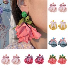 Handmade Cloth Flower Drop Dangle Earrings Bohemian Statement for Women Jewelry