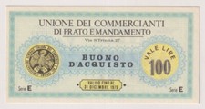 Miniassegni BUONI D'ACQUISTO - serie PRATO E MANDAMENTO 100 lire - Serie E