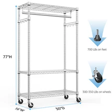 Commercial Clothing Garment Rack Rolling Closet Organizers Adjustable 16*30*75"