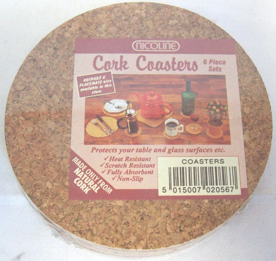 6 X Nicoline Round Cork Coasters 10cm Diameter